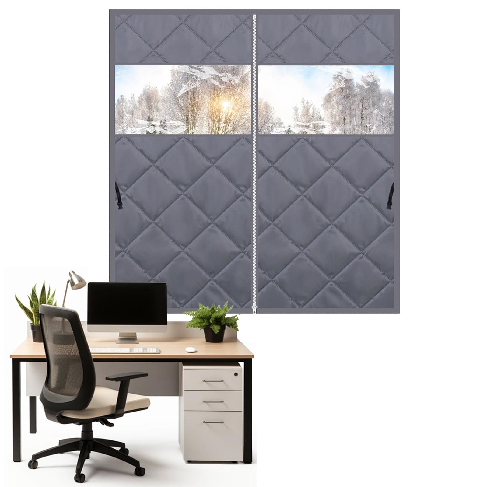 Winter-Fenster-Isolier-Set, transparente Thermovorhänge mit Riemen und Reißverschluss, energieeffiziente Fensterabdeckung für Schlafzimmer und Dachboden, Grau, 190 cm B x 90 cm H