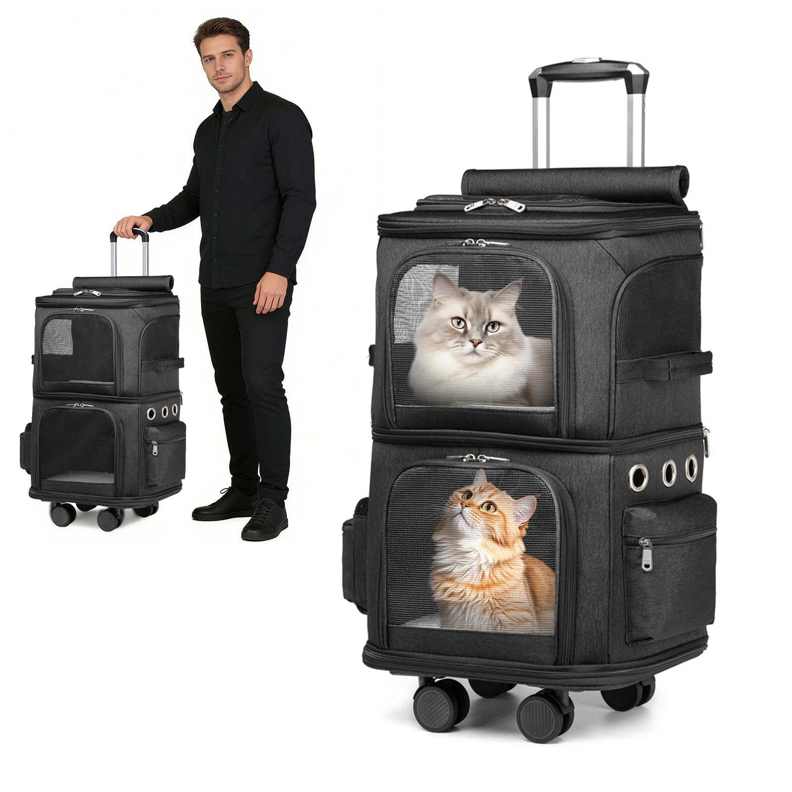 PETCUTE Mochila Transportadora para Mascotas con Doble Compartimento y Ruedas,Transportín con Ruedas para Gatos con Cinturón de Seguridad Interior, Transpirable Mochila para Perros,hasta 10 kg