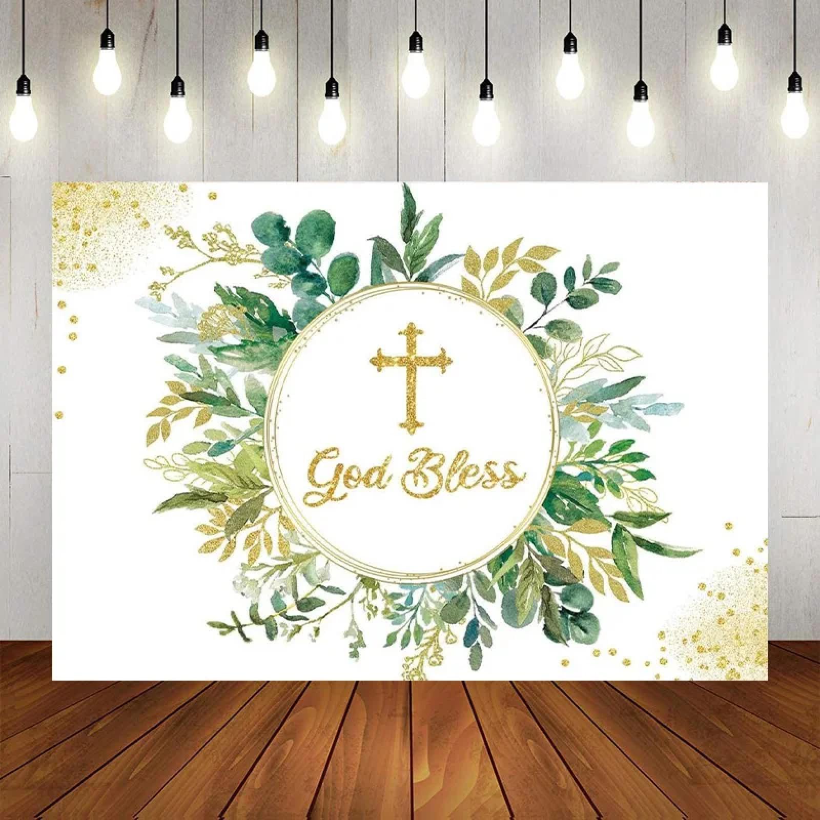 Zielone tło Bóg błogosław dekoracje na pierwszy chrzest złote tło brokatowe zdjęcie Baby Shower Banner zdjęcie 440 x 300 cm