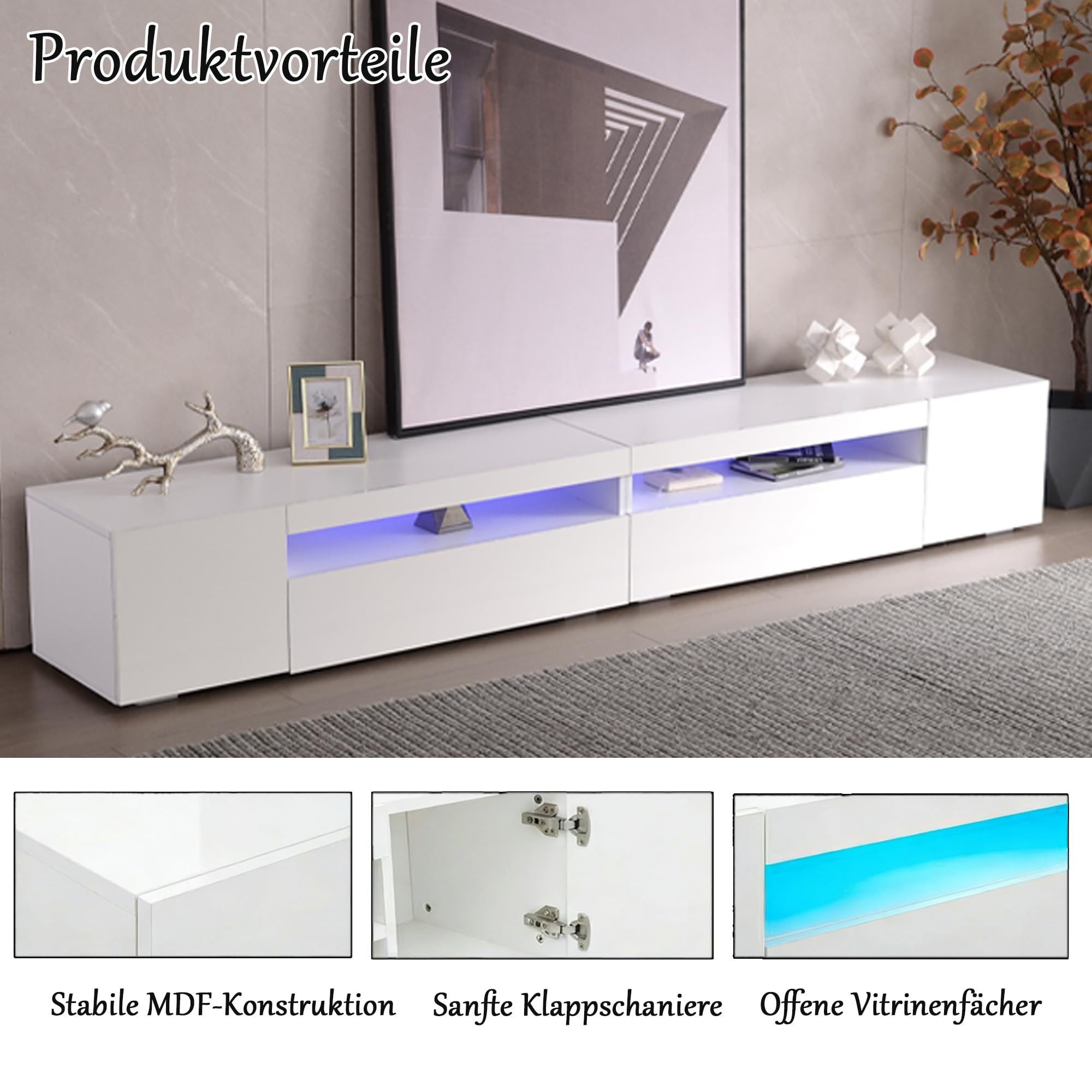 240cm TV Lowboard Weiß, Helles Panel TV Board Wohnzimmer mit Variable LED-Beleuchtung, Modern TV Schrank, Fernsehschrank, Wohnzimmer Möbel, Glänzendes Panel, Nicht Hochglänzend, Weiß
