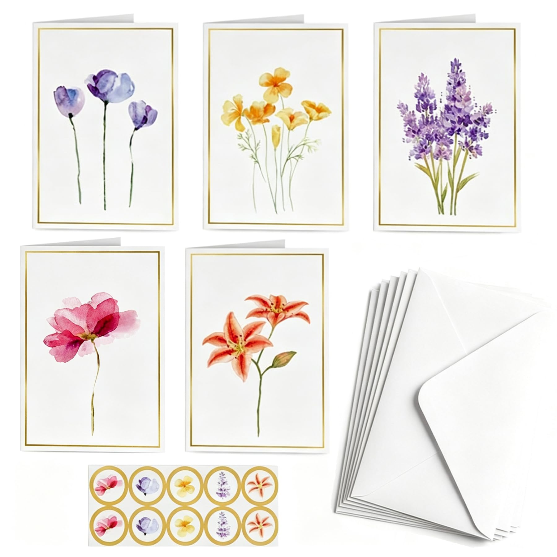 Floral Greeting Cards 10 Pack, Watercolour Flower Cards with Envelopes