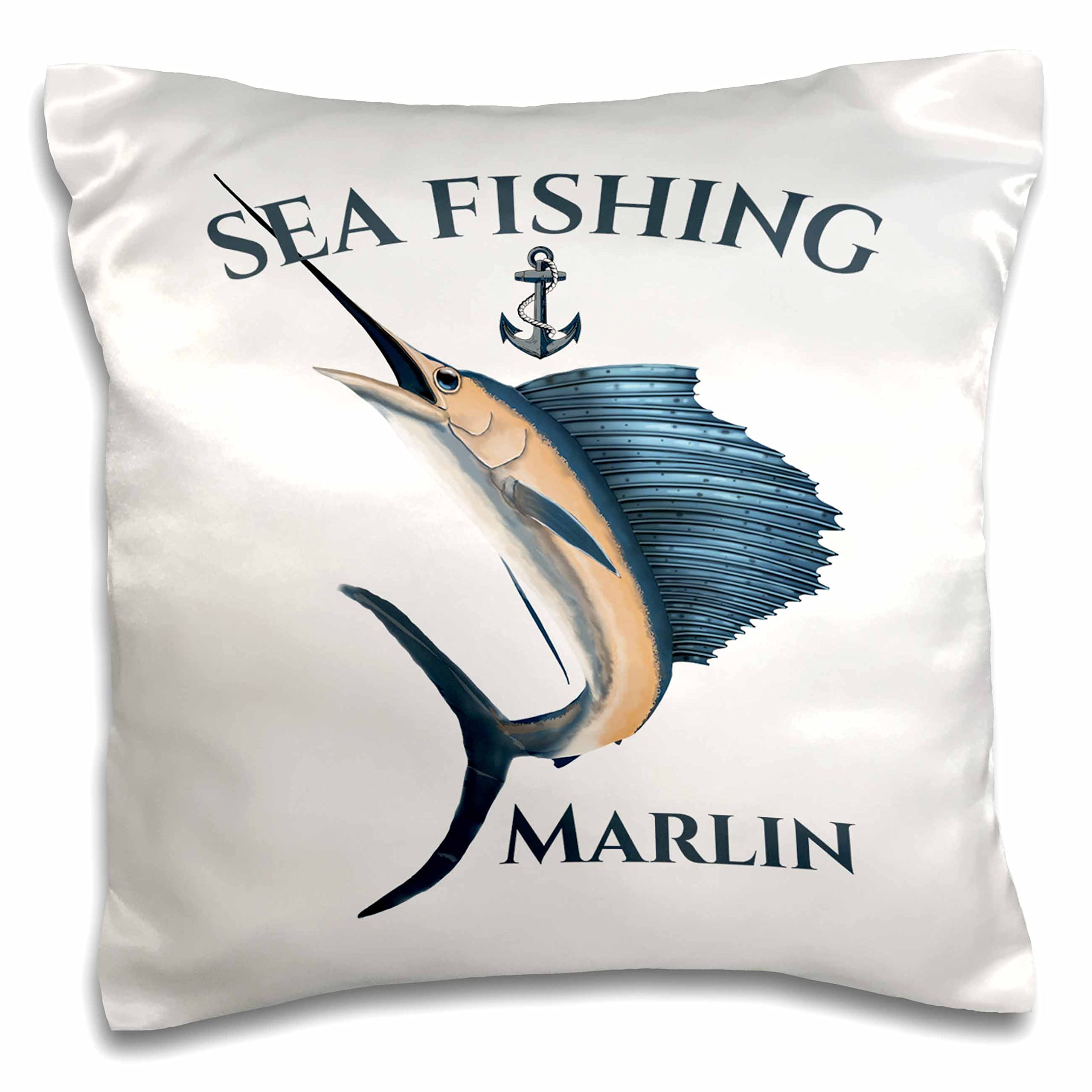3dRose Macdonald Creative Studios Nautical deep sea Design with Ship Anchor and Marlin Fish (pc-299282-1) Pillow Case, White