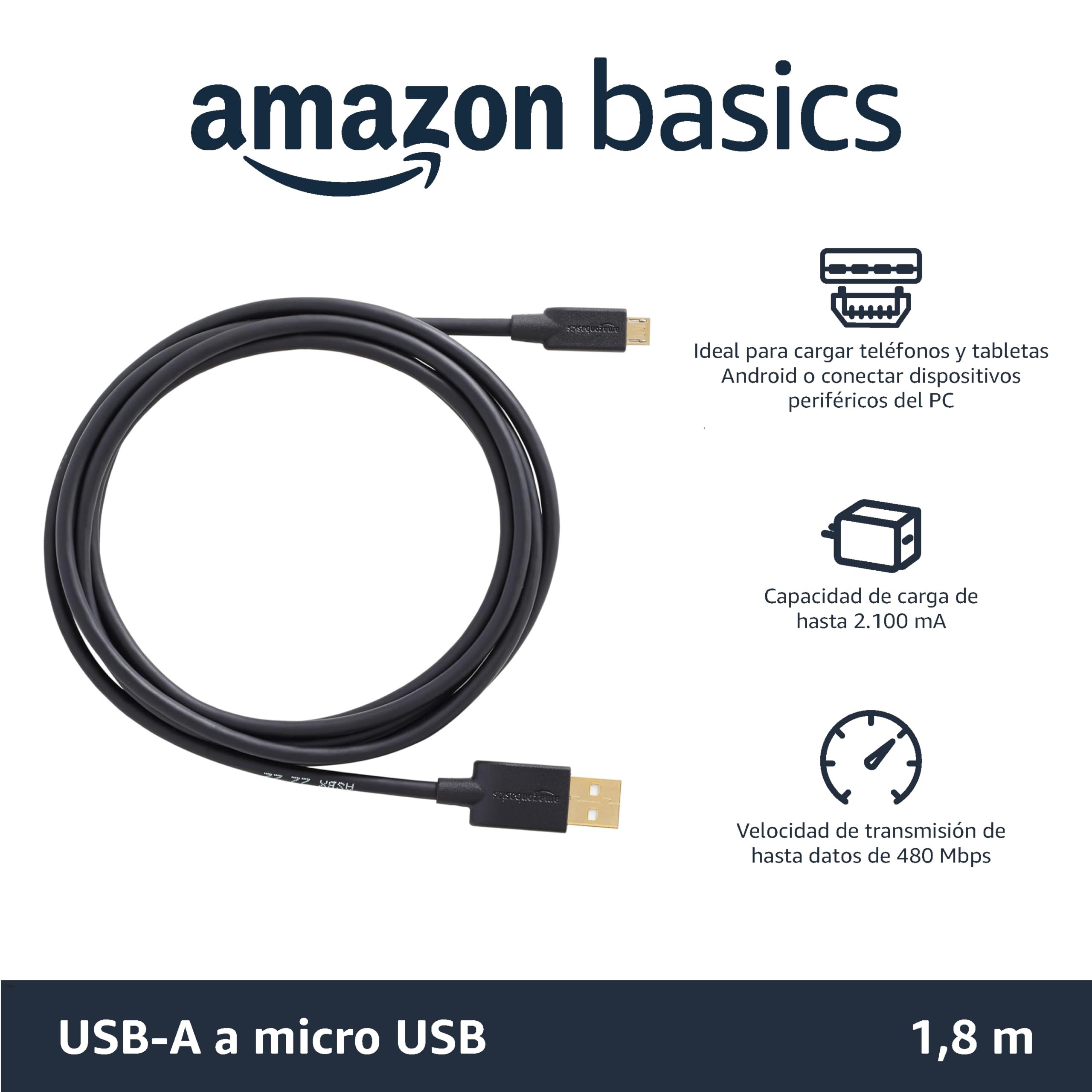 Amazon Basics Cable de Tipo USB-A 2.0 Macho a Micro USB (Paquete de 1), 1.83 m, para Ordenador, Negro