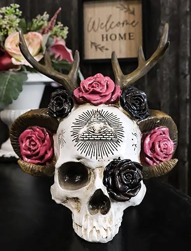 Miniatura 3 de Ebros Gift Wicca Paranormal Pagan The Horned God Ram and Moon Goddess Cuerno Cráneo con rosas rosas rosas y negras Pirámide Ojo de Providencia