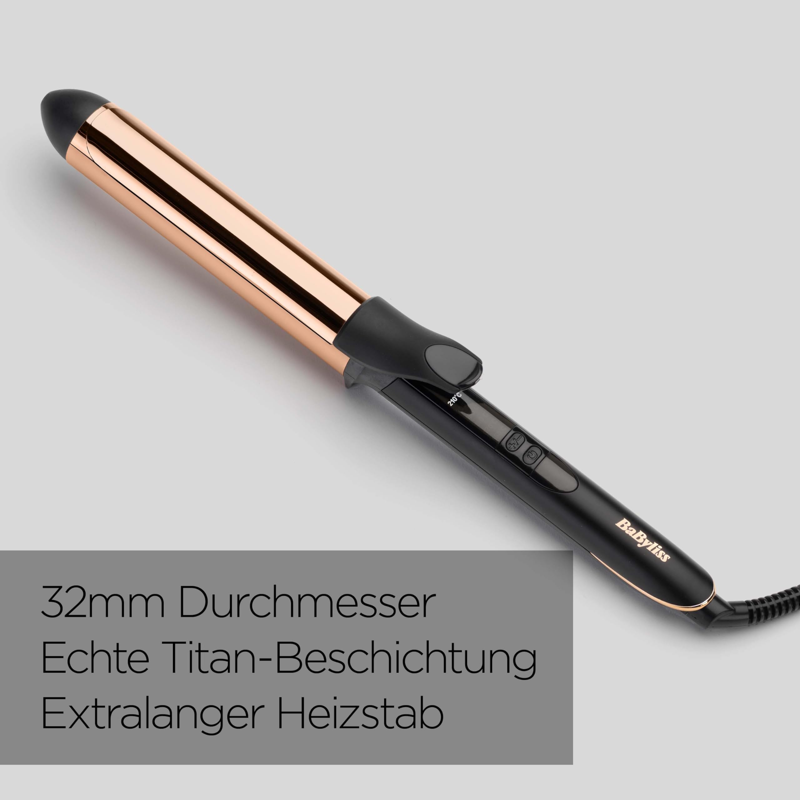 BaByliss C459E Titanium Brilliance tytanowa lokówka do włosów, średnica 32 mm, technologia ogrzewania Advanced Ceramics, 6 temperatur do 210°C, końcówka termoizolacyjna