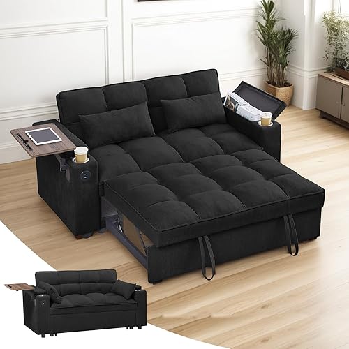 3-in-1 Sleeper Sofa Bed with Pull-Out Couch & Side Table, 65'' Convertible Loveseat with Adjustable Backrest, Chaise Lounge Featuring USB & Type-C Ports for Living Room & Office, Black