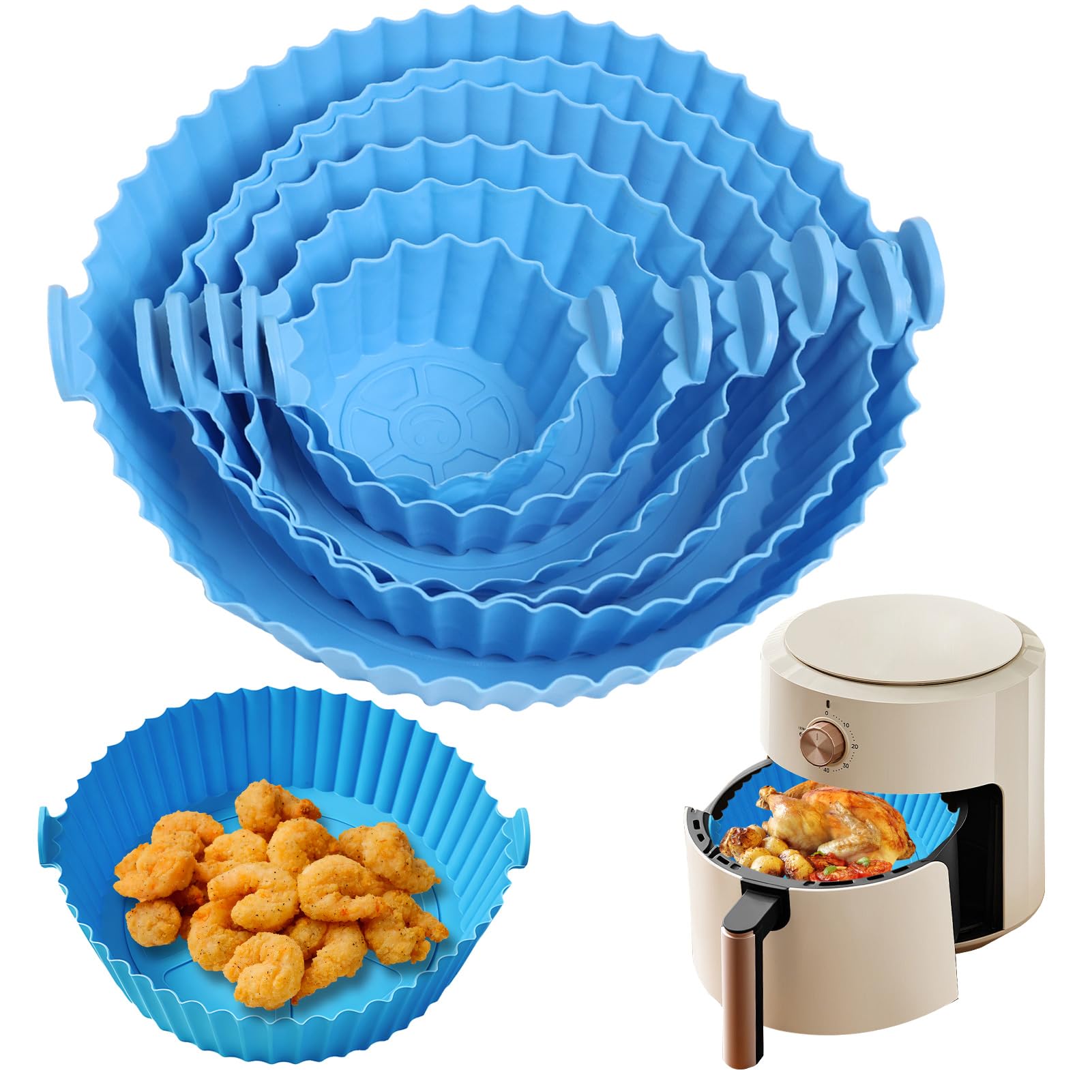 XSQD 2 Pezzi Teglie per Friggitrice ad Aria, Fodere in Silicone Riutilizzabili, Accessori per Friggitrice ad Aria, Compreso Raschietto Silicone, Spazzola Silicone e 150 Fogli Carta Olio