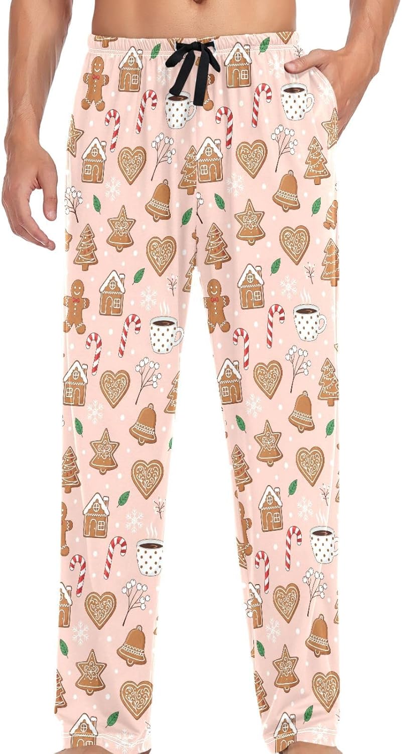 JUNZAN Pajama Bottoms for Men Christmas Gingerbread Mens Cotton Pajama Pants Lounge Sleep Pants Light Blue