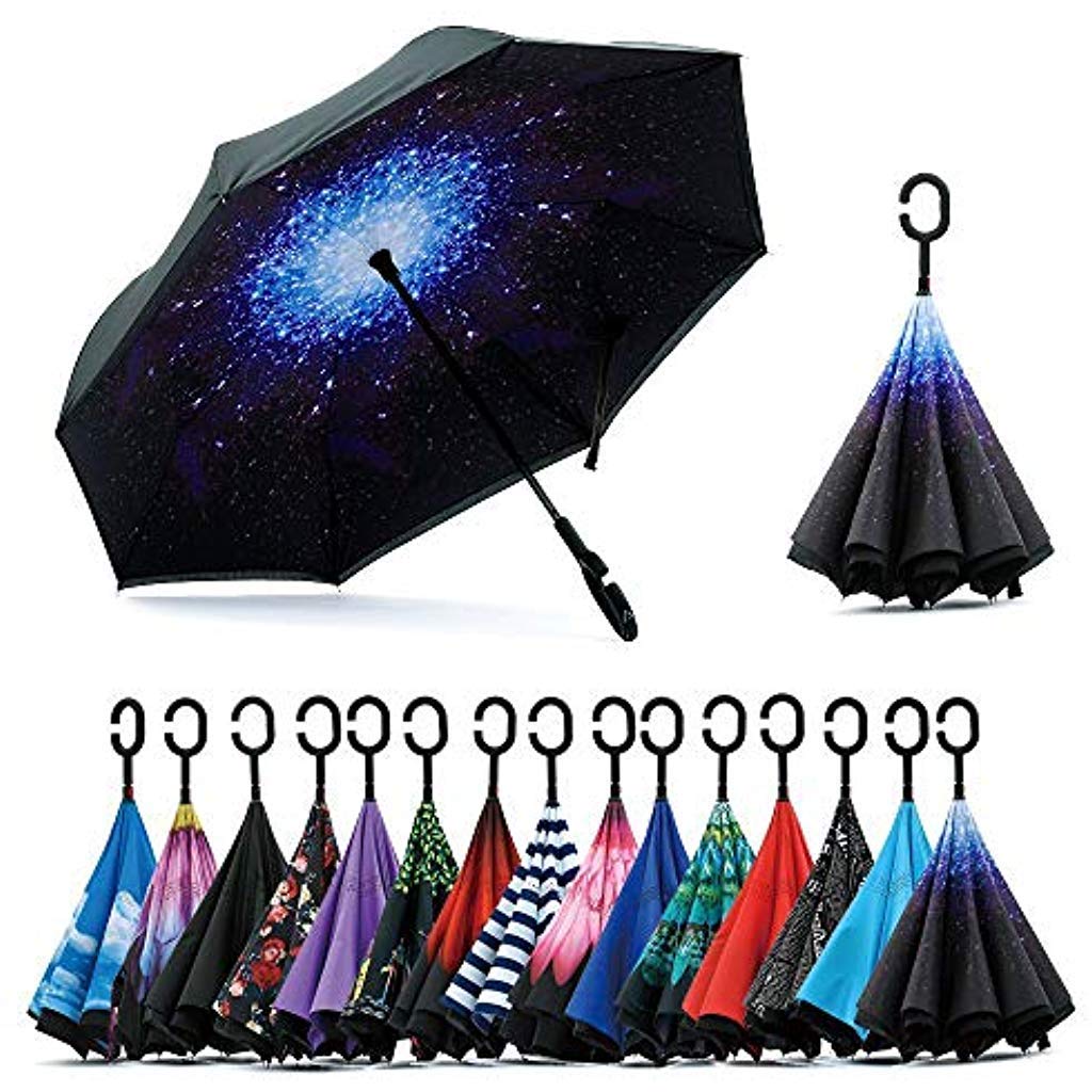 Double Layer Inverted Reversible No Drip Umbrella with C Shape Handle - Multi Color (Black)-image-31