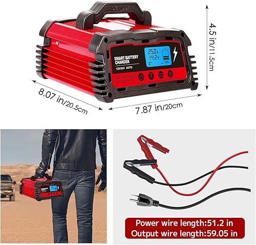 Miniatura 4 de LVYUAN Cargador de batería inteligente de 25 A, cargador automotriz de 12 V (51025 A) y 24 V (510 A), mantenedor de batería con pantalla LCD,