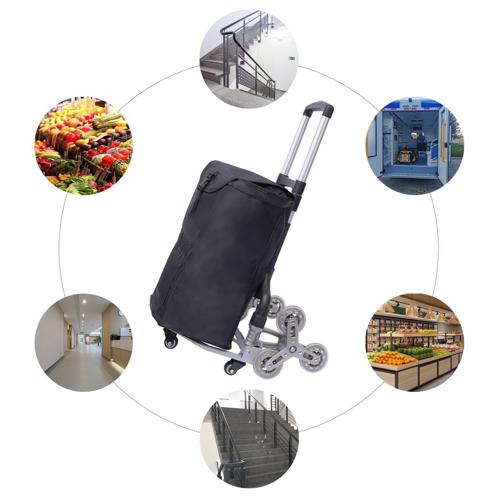 Wózek transportowy, składany, aluminiowy wózek transportowy, wózek transportowy, czarny, składany, wózek schodowy, regulacja wysokości z elastyczną linką i 10 kółkami