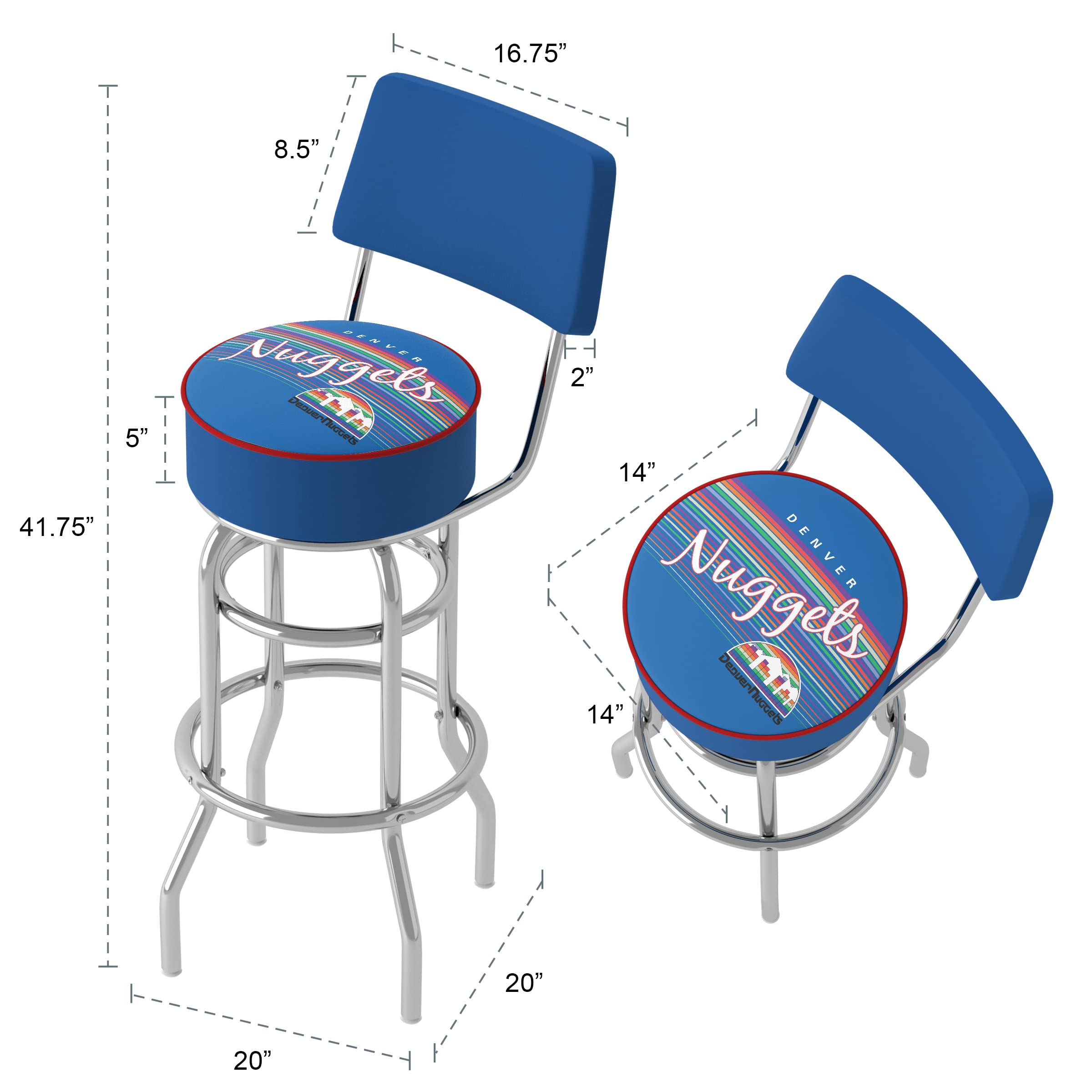 Trademark Global Bar Stool - Denver Nuggets Hardwood Classics Stool with Foam Padded Seat and Back - Swivel Chair for Game Room, Garage, or Home Bar