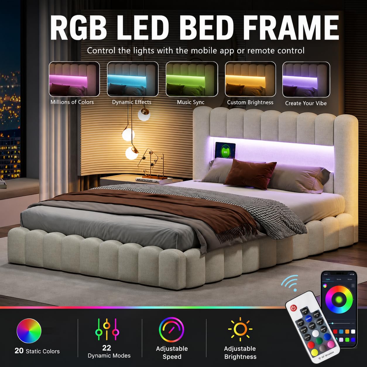 Cama tapizada 180x200 con Almacenamiento hidráulico, Cama Doble con LED y USB, Cama Juvenil con Cabecero Acolchado y Base de Láminas, Lino (Beige, 180 x 200cm