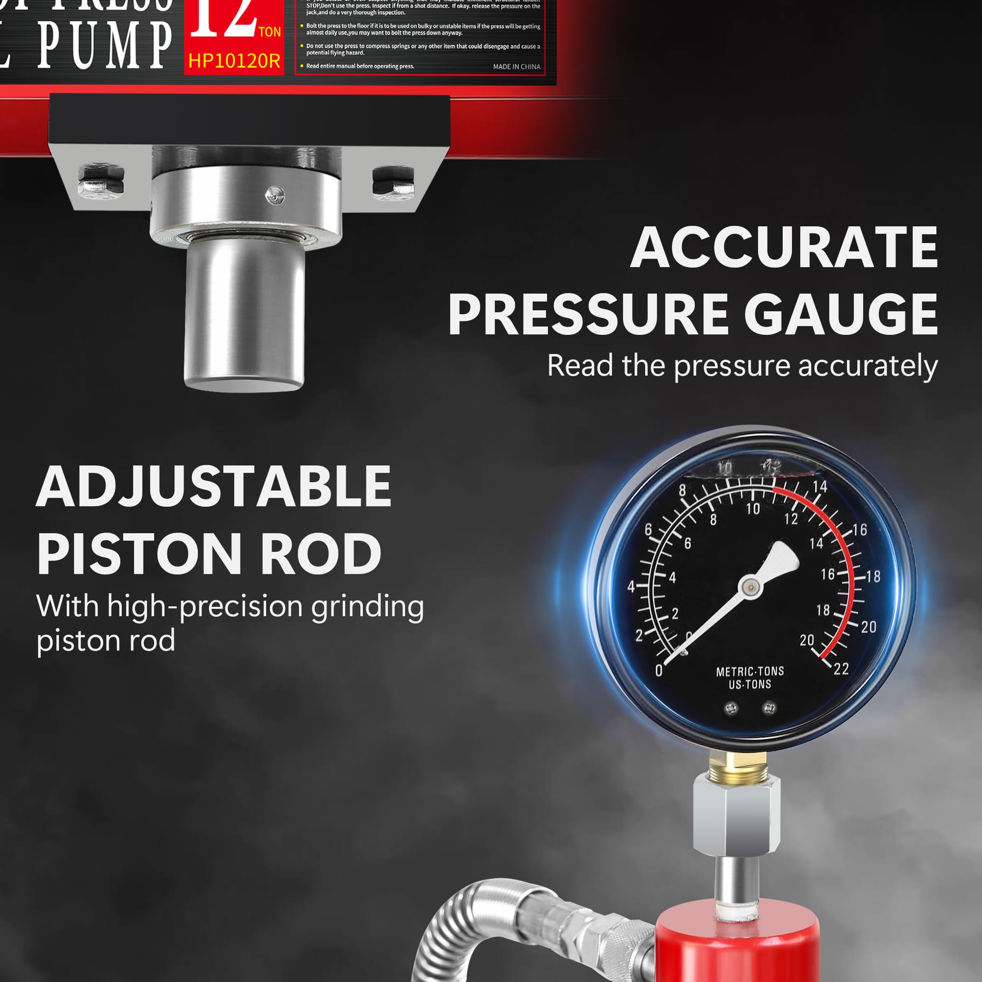 12-Ton Hydraulic Shop Press with Pressure Gauge & Press Plates, H-Frame Garage Shop Benchtop Press, Adjustable Working Table Height, Red