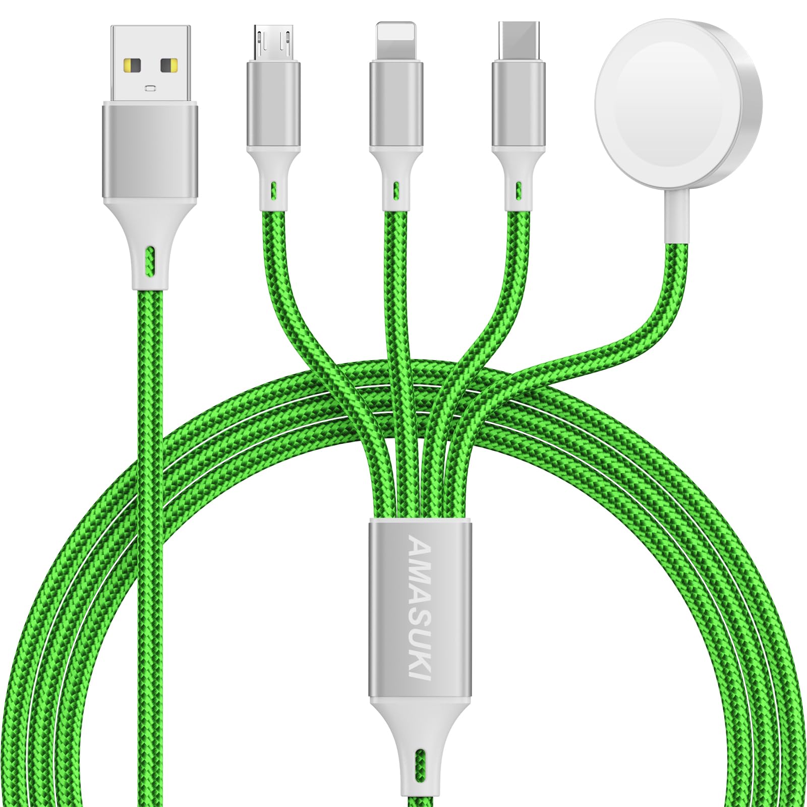 Amasuki Travel Essentials,4 in 1 for Apple Watch Charger/iPhone Charger/Multi Charging Cable,Vacation RV Camping Essentials,USB C/L/Micro Portable Charger for iWatch 11-1/iPhone 17-12,Car&amp;Gift-Green