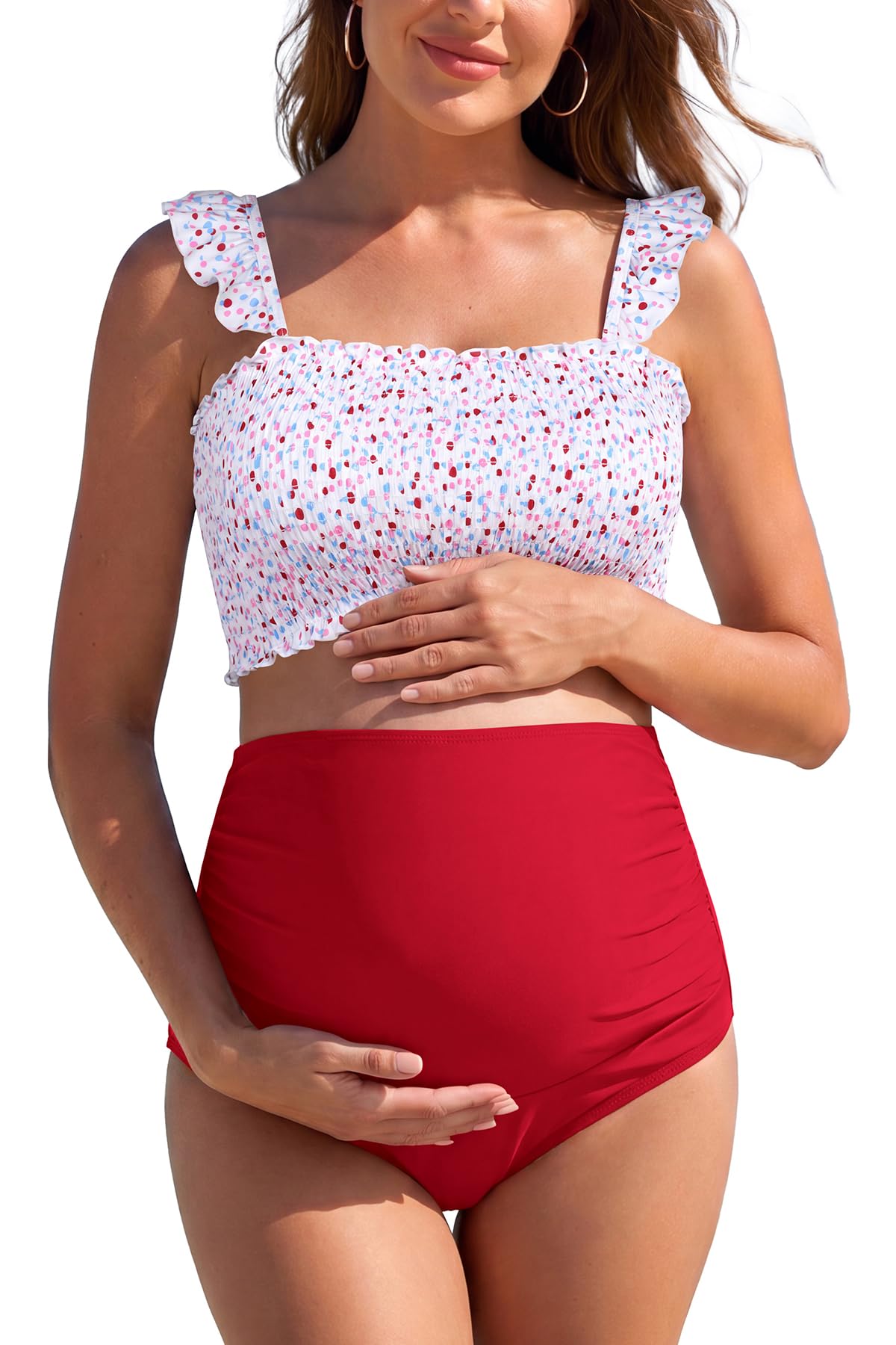 SHEKINI Costume da bagno premaman a vita alta con volant a fascia 2 pezzi Bikini Set | Top imbottito con punto smock floreale, spalline staccabili, fondo increspato, costume da bagno per gravidanza