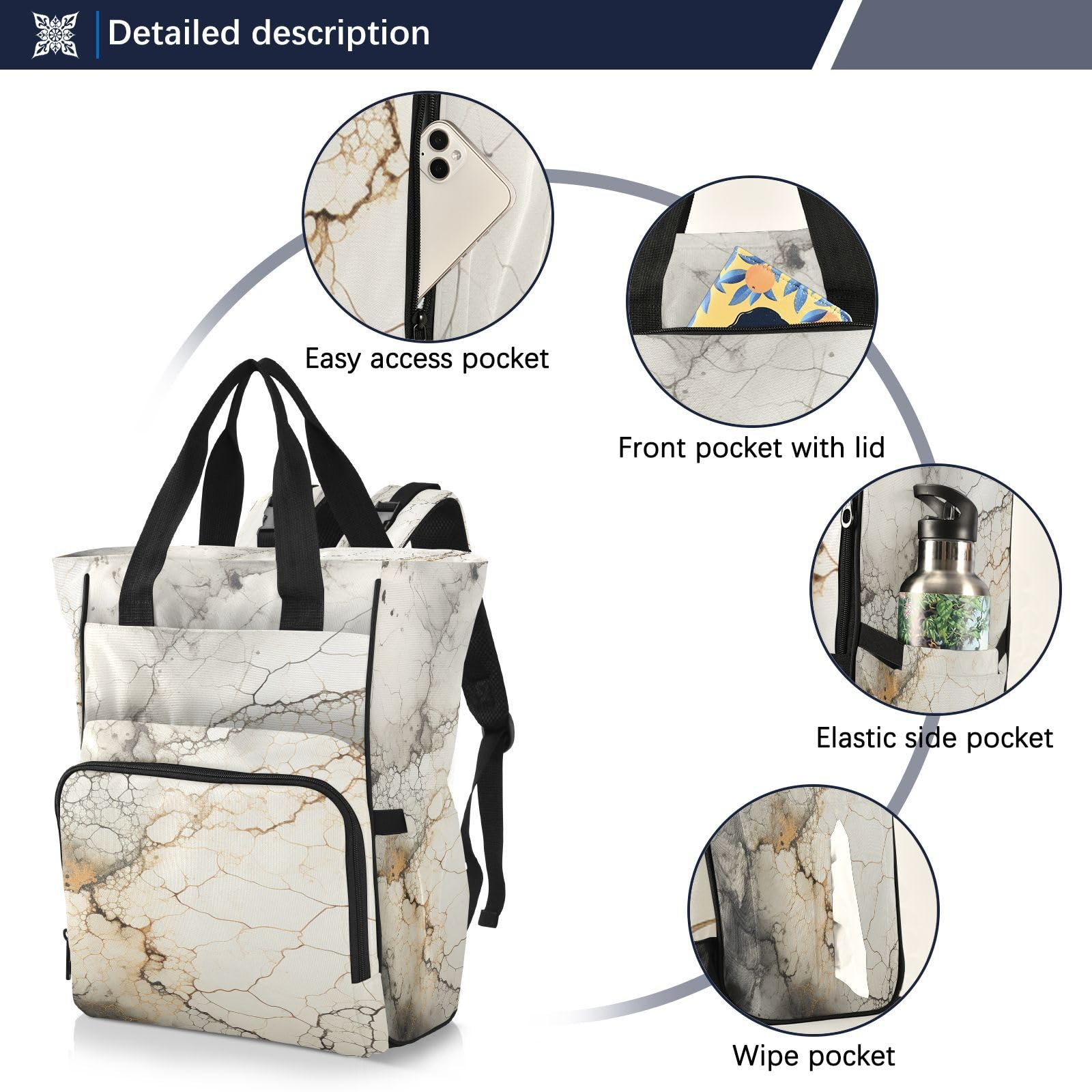 Marmo Bianco Texture Morbida Borsa per Pannolini Zaino Grande Capacità Borsa Mamma per Viaggia All'aperto