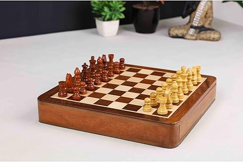Miniatura 9 de RoyalChessMall-- Juego de ajedrez magnético de viaje con cajón, 10 pulgadas, madera de palisandro dorado
