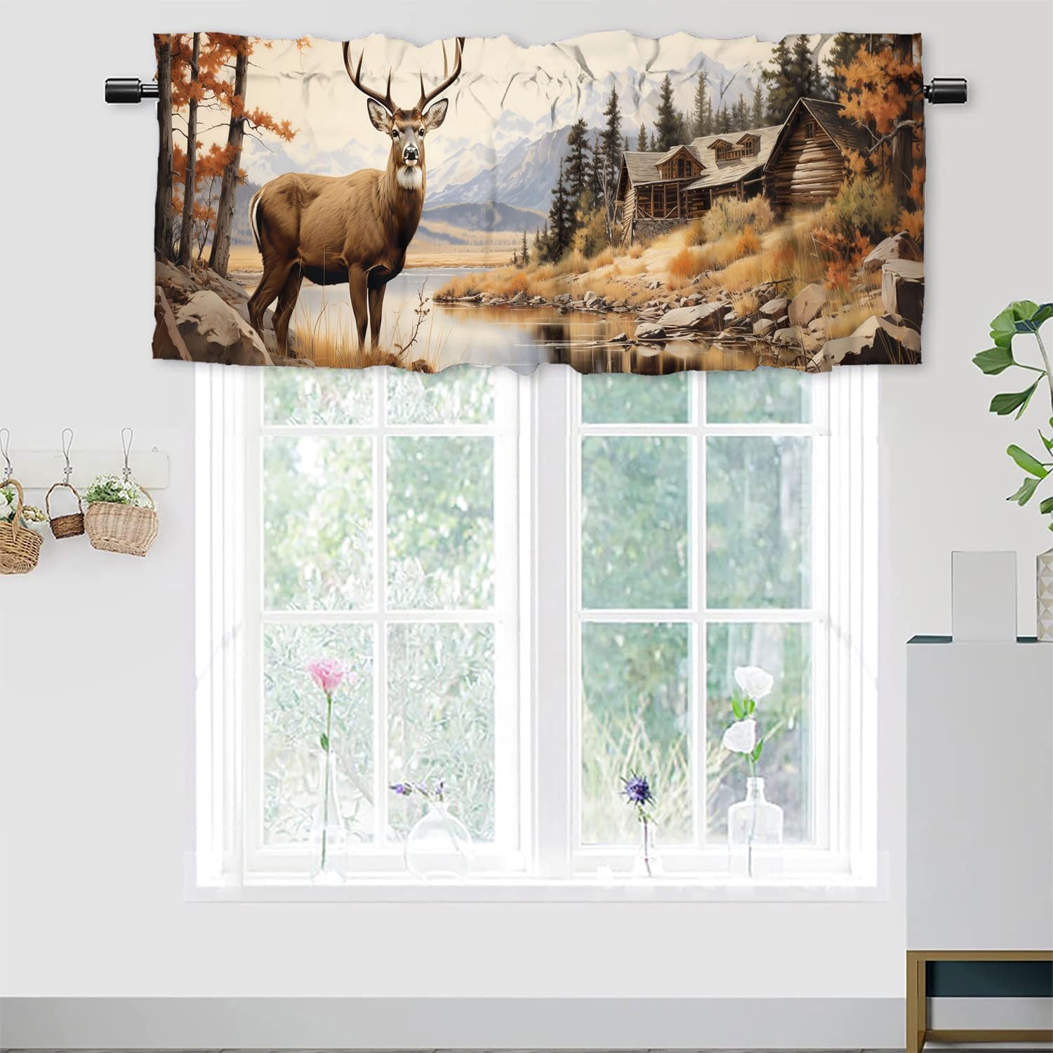Rustic Cabin Deer Window Curtain Valance Fall Forest Elk Wildlife Animal Autumn Nature Country Farmhouse Rod Pocket Curtain Treatment for Bathroom Bedroom Living Room Kitchen 54 x 18 Inch, 2 Panel