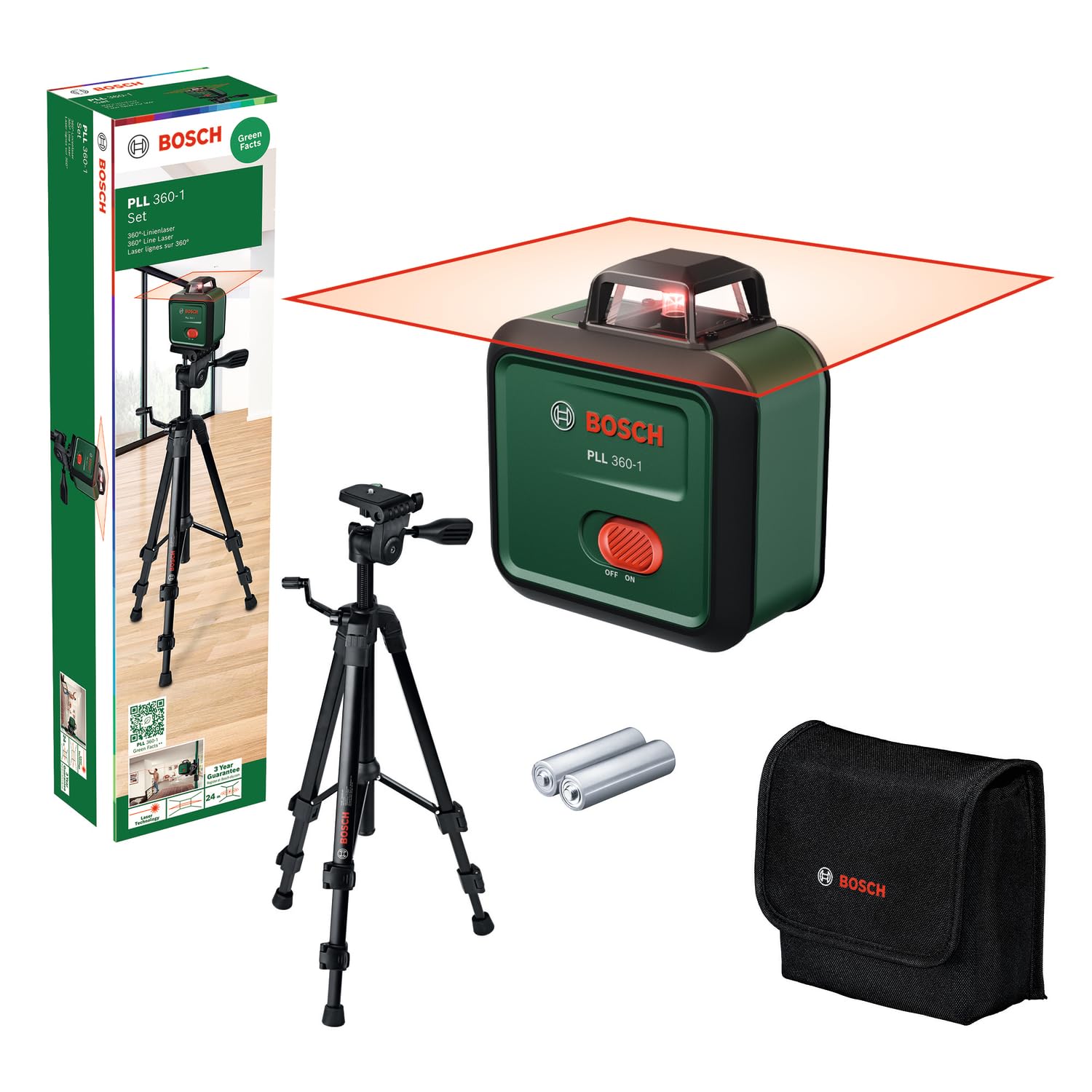 Laser de nivellement PLL 360-1 Bosch avec trépied TT 120 (laser plan 360° auto-nivelé, précision ±0,4 mm/m, portée 12 m, mode incliné pour pente, dans boîte en carton)