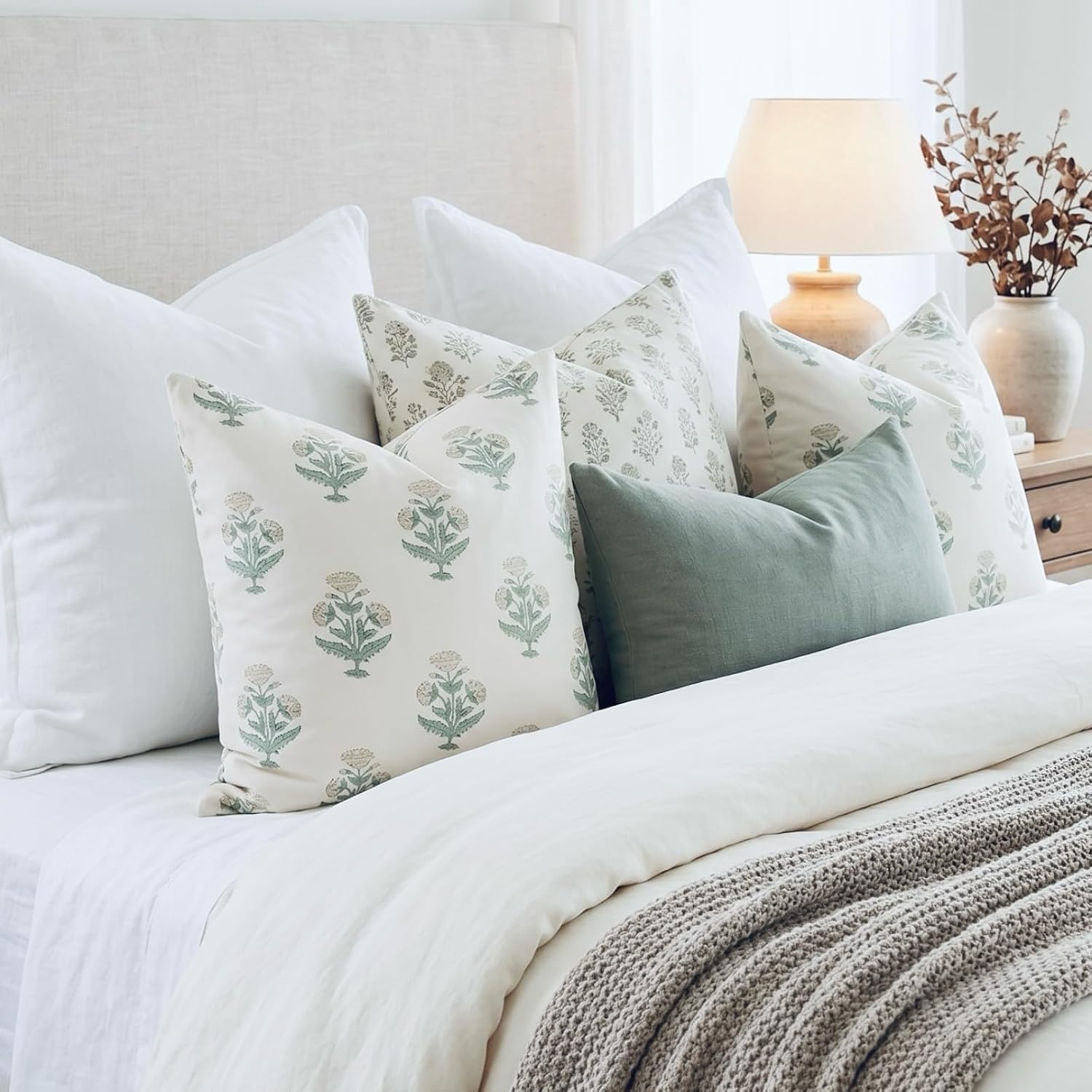 Vintage Floral Print Pillow Covers 20x20 Set of 2 Patterned Accent Decorative Cushion Covers Modern Farmhouse Throw Pillow Covers for Sofa Couch Chair Bed Living Room Home Decor, Sage Green