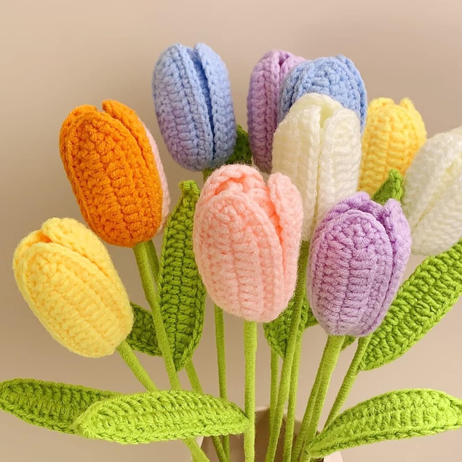 Emivery Crochet Flower Bouquet, 10pcs Handmade Faux Tulip Flowers Knitted Artificial Flowers Bouquet Floral Arrangements for Home Office Wedding Decor