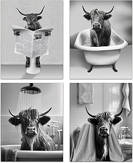 Western Highland Cow Wall Art Farmhouse Bathroom Decor, Retro Rustic Style Funny Bathroom Cow Canvas Posters for Bathroom Restroom Decoration, Highland Cow Bathroom Decor, Set of 4, (8"x10" Unframed)