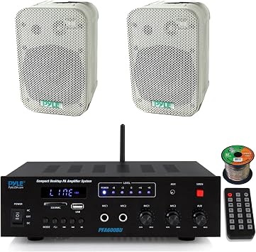 Pyle PFA600BU Compact Bluetooth FM Radio PA Amplifier Receiver with 2X 5.25 400W Max Indoor/Outdoor Waterproof Speakers, Wire