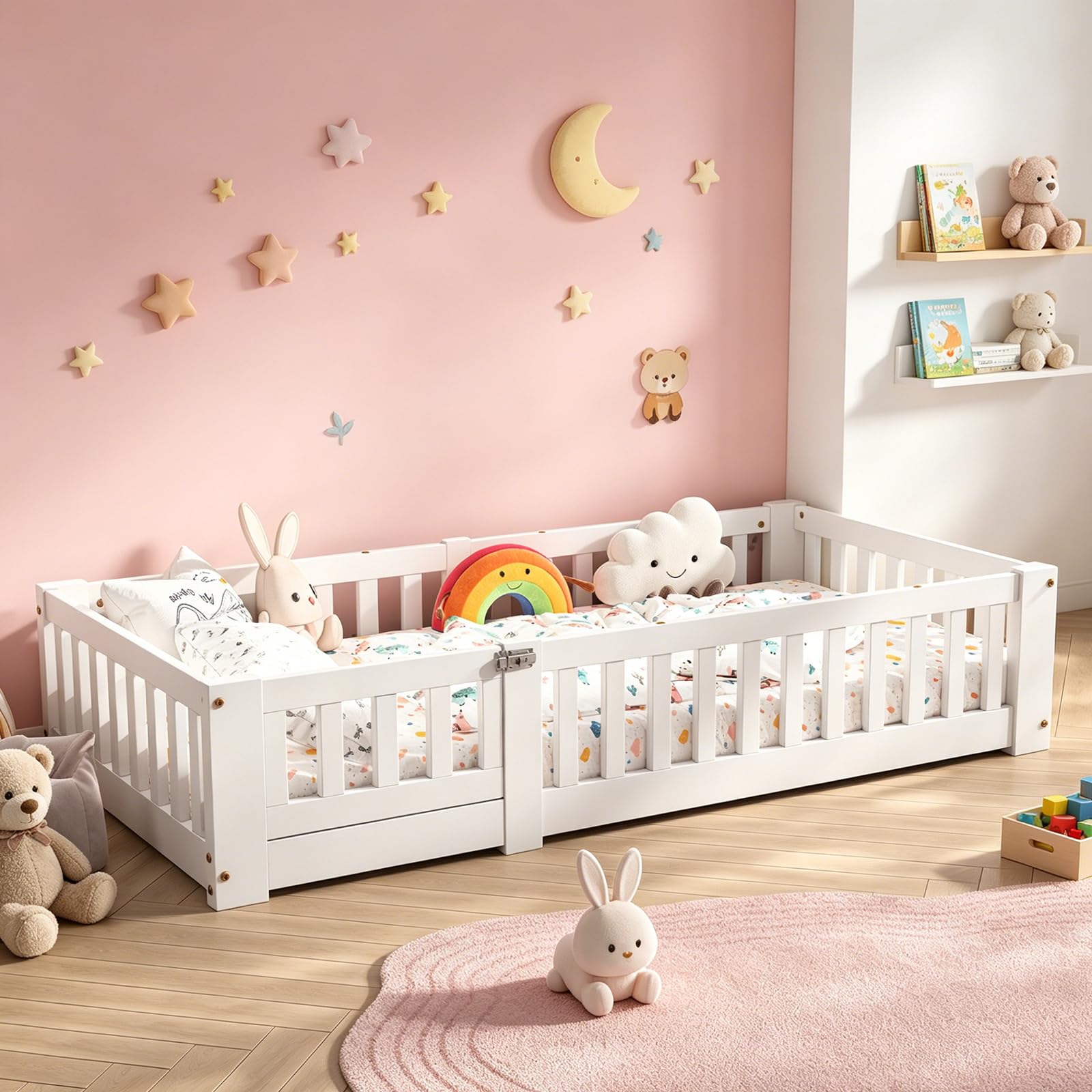 Bodenbett 90x200 cm Kinderbett mit Rausfallschutz und Lattenrost, Montessori Bett für Kinder, Kiefer Massivholz, weiß (Weiß, 90 x 200 cm)