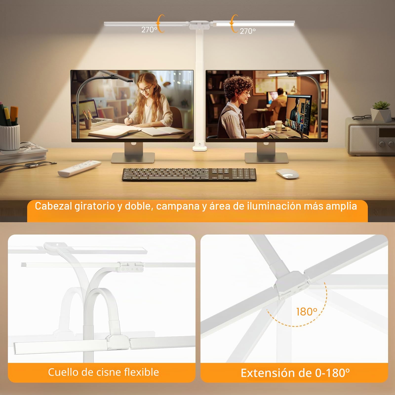 SIBRILLE Lámpara de escritorio RGB de doble cabeza LED regulable, 22 W 80 cm, lámpara de luz diurna con mando a distancia, lámpara de mesa giratoria, protección ocular, cuello de cisne