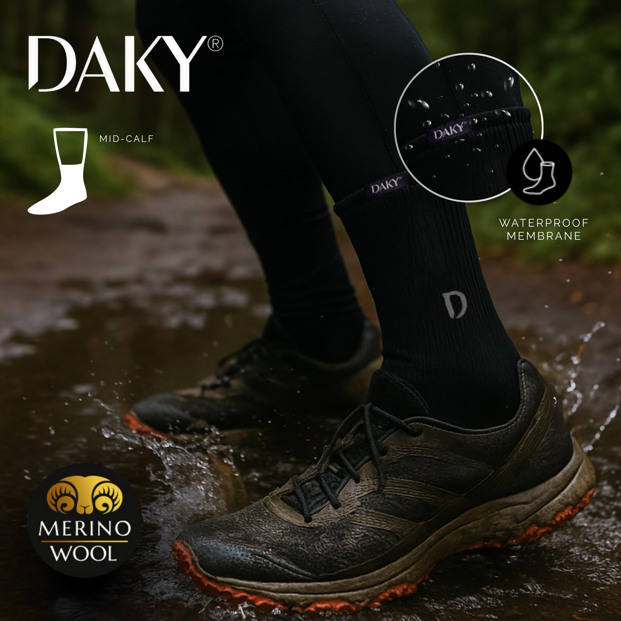 DAKY Waterproof Socks - Phantom Plus Merino black mid-calf socks | High Performance outdoor socks for all sports