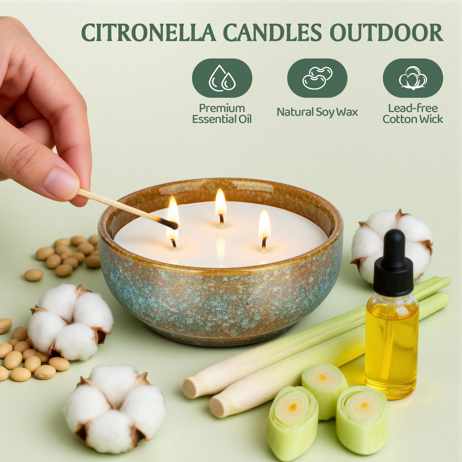 Lot de 2 grandes bougies vintage à la citronnelle pour extérieur, bougie de soja naturelle pour la maison, le jardin, la cour, le camping, les fêtes, l'intérieur et l'extérieur, 3 mèches