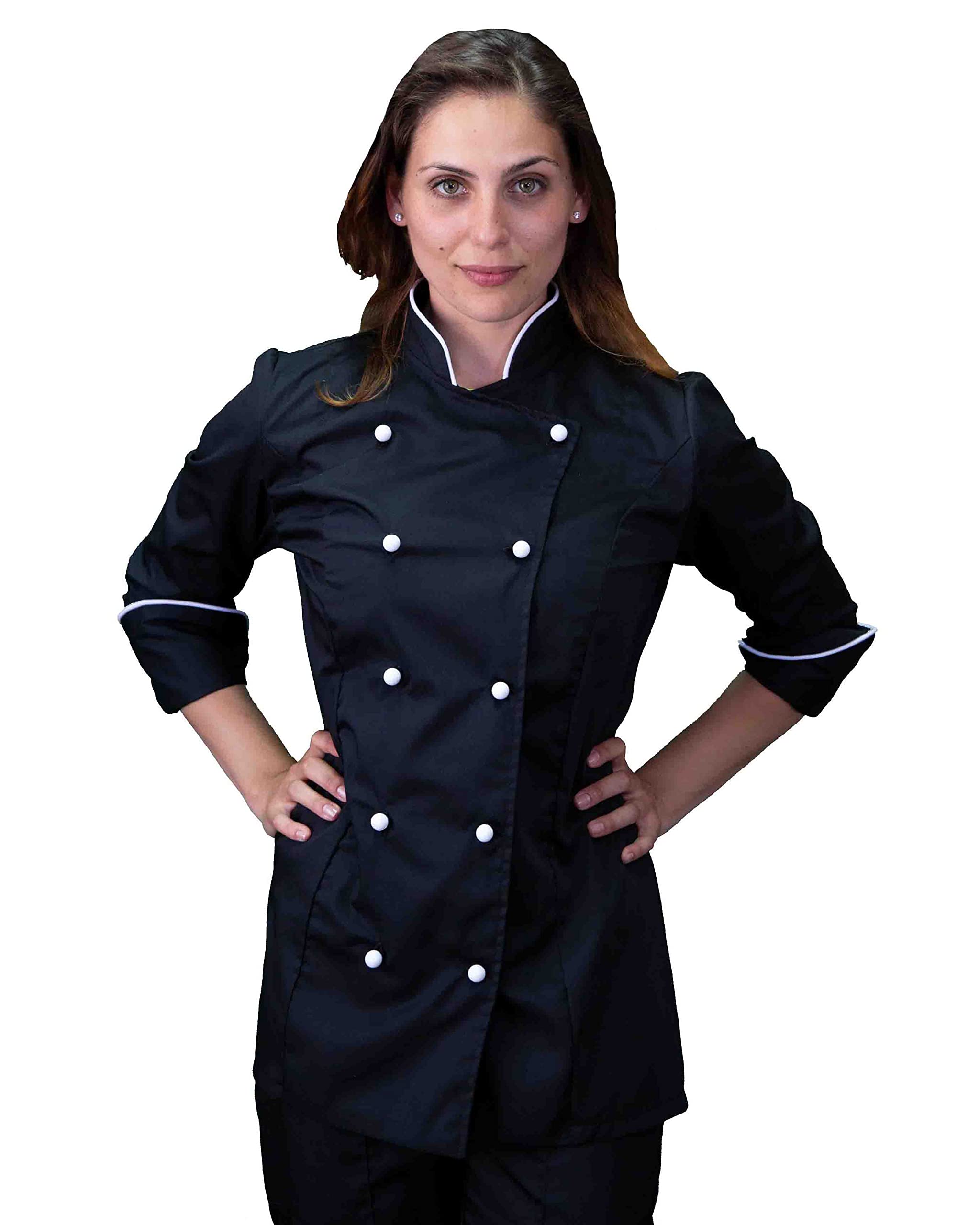 Ricamo Gratuito Chaqueta de cocinero para mujer negra y blanca - Casaca Chef para restaurante y cocina