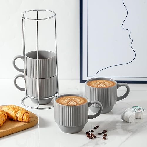 Vista 30 de Hasense Juego de 4 tazas de café de cerámica con soporte, 15 onzas, apilables, grandes, de porcelana, acanaladas, para capuchino, té, cacao