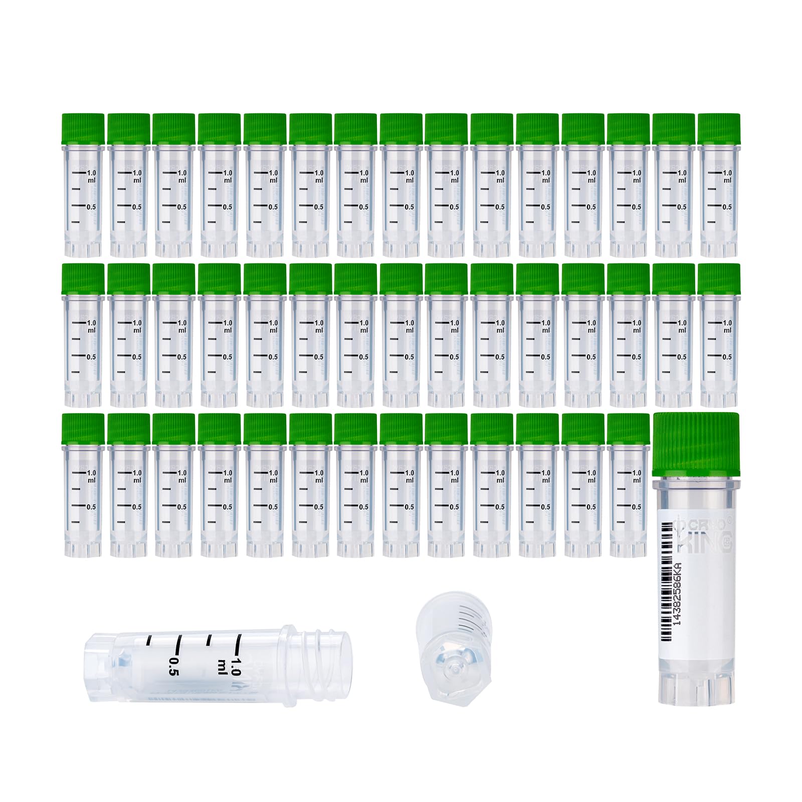 CryoKING 1.0ml Cryovials, 1000Pcs Cryotubes with Side Barcode, Sterilisation Vials with External Thread, Sample Tubes with Green Caps, Lab Tubes for