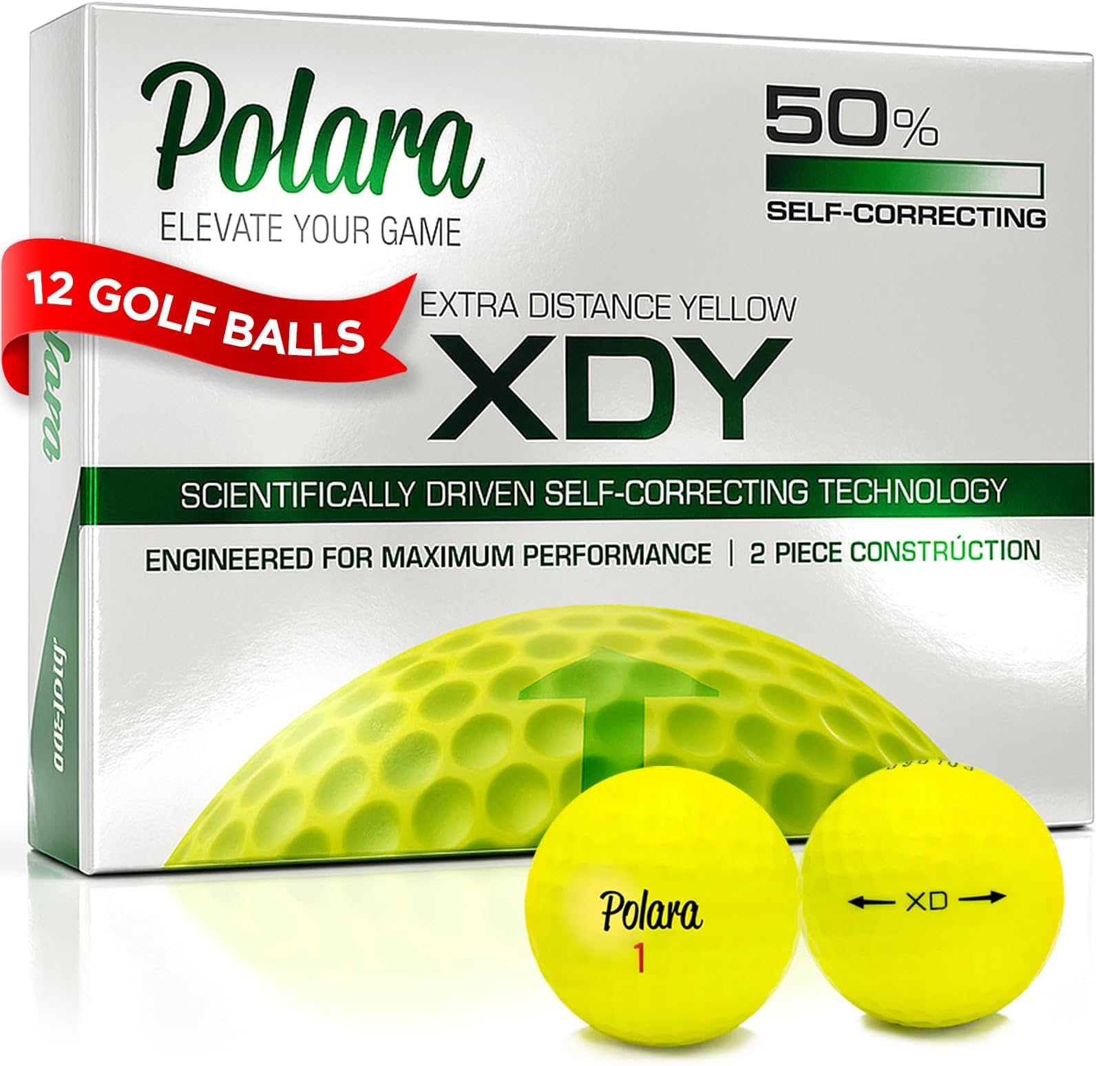 Polara Golf XD Yellow Extra Distance Balls, Reduces Hooks and Slices by Up to 50%, Pack of 12