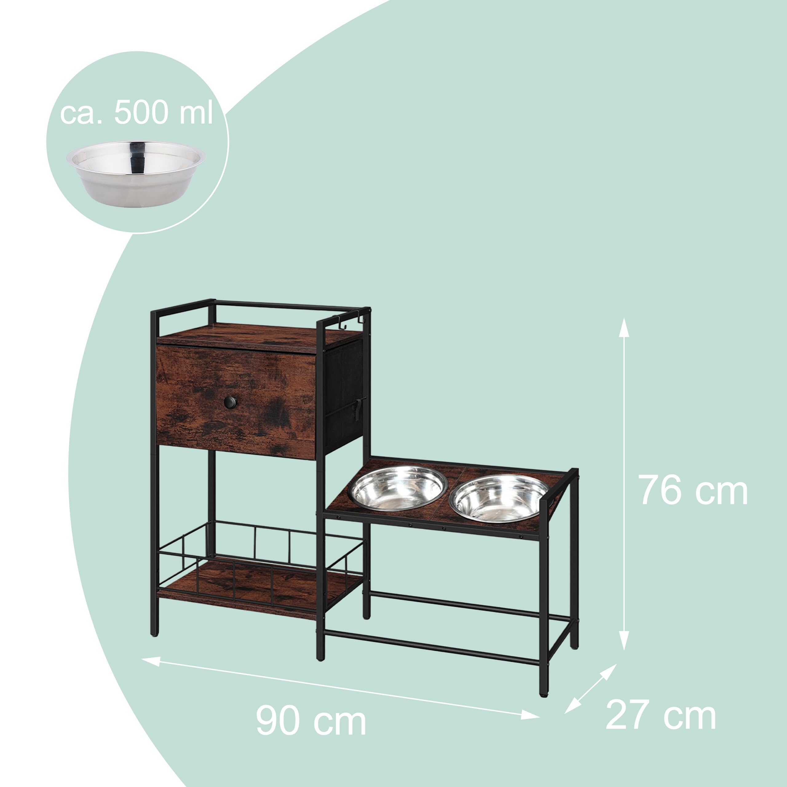 Relaxdays Comedero Elevado para Perros con 2 Cuencos de INOX, almacenaje, 76×90×27 cm, Armario Industrial marrón