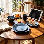HomeVss Square 16pc Dinner Set - Ceramic Dinnerware Set for 4, Dishwasher & Microwave Safe, Square Plates & Bowls Set with Dual-Tone, Outsie Matte Black + Inside Shiny Blue