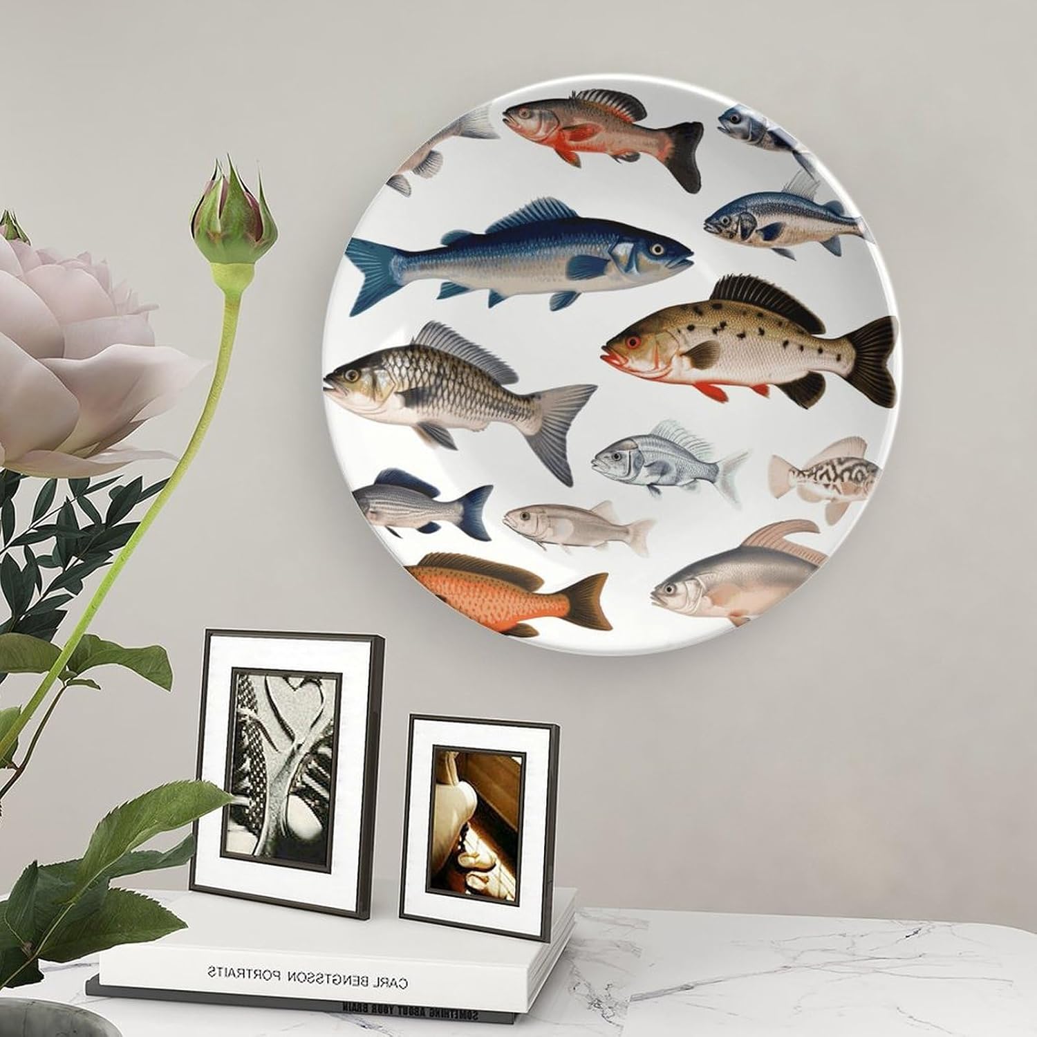 Different Fish Bone China Decorative Plate with Display Stand, Ceramic Ornaments Plate for Wall Hanging, Personalized Porcelain Plates for Office, Living Room 8inch