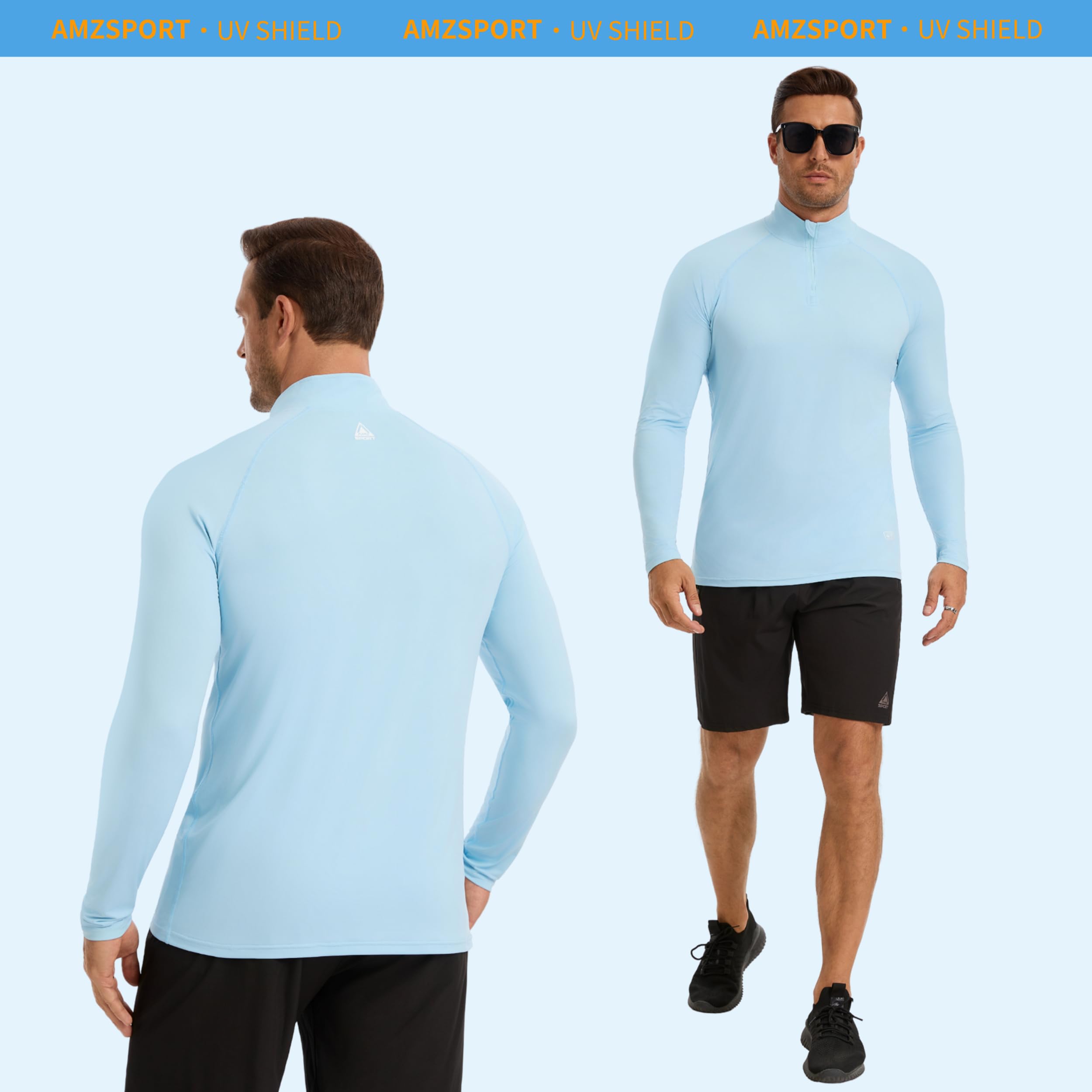 AMZSPORT Camiseta Hombre Manga Larga UV UPF 50+ Protección Solar Cremallera Secado Rápido
