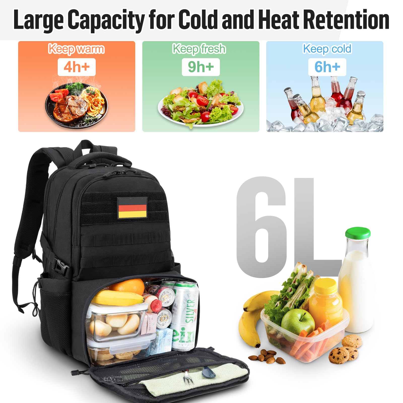 Zaino termico da uomo con contenitore per il pranzo da 6 litri: zaino da 40 l, con scomparto per computer portatile, borsa da lavoro con borsa termica per il pranzo, zaino per scuola, picnic