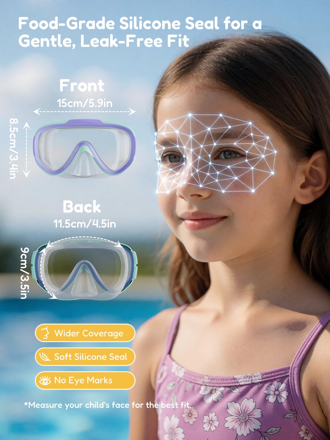 ACURE Gafas de natación para niños y niñas de 3 a 14 años, juego de máscara de esnórquel antivaho con cubierta para la nariz y correa de tela, máscara de buceo para niños en piscina para jóvenes