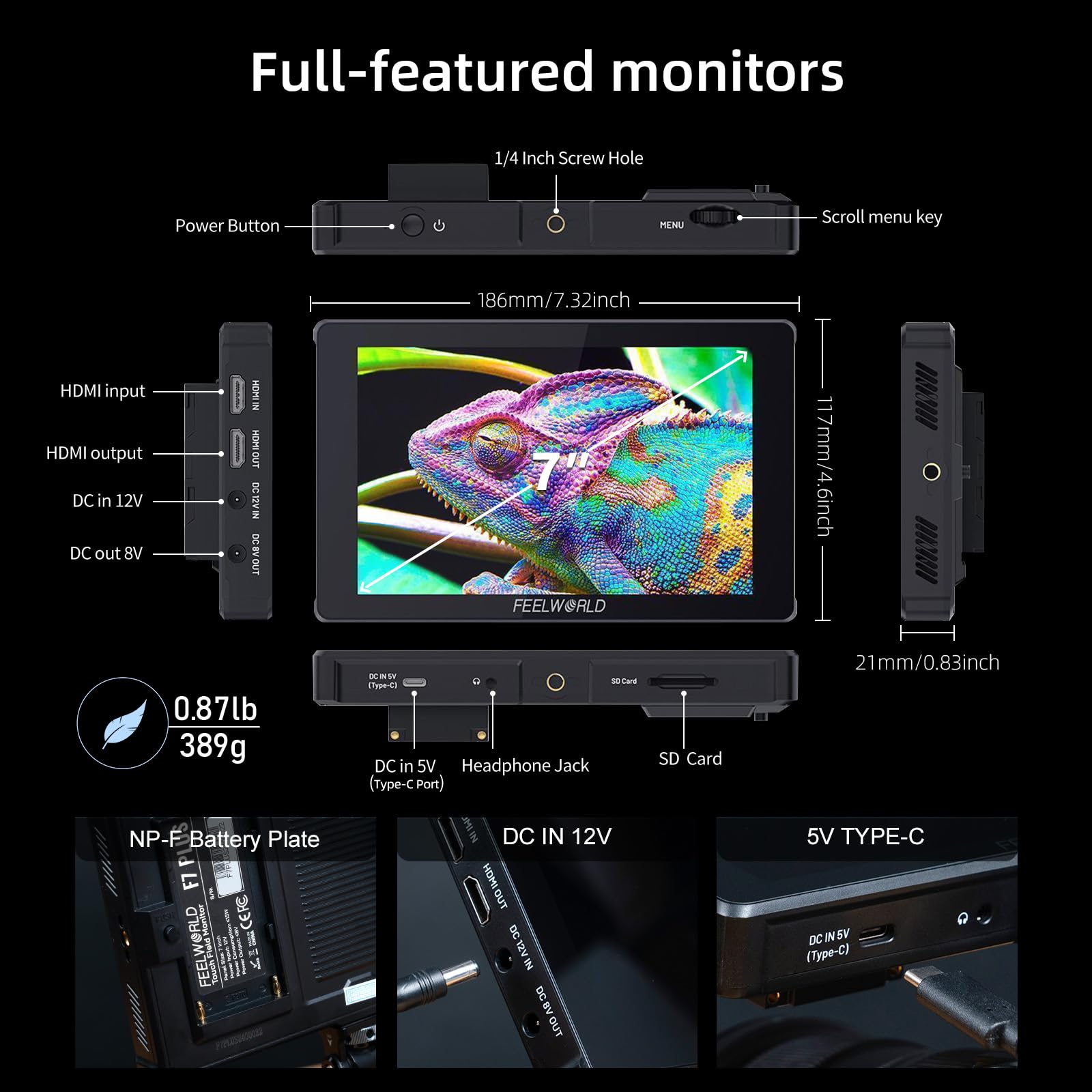 Feelworld F7 Plus 7-calowy ekran dotykowy do aparatu DSLR, monitor F970 z zewnętrzną płytą z uchwytem, zestaw akcesoriów z baterią, 4K HDMI 1920x1200, ulepszony 3D LUT, Waveform, VectorScope