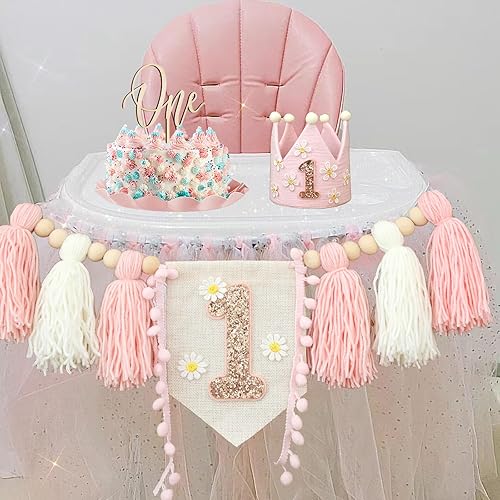 Miniatura 5 de Juego de decoración de primera fiesta con diseño de margaritas bohemias para silla de bebé, decoración de primera fiesta con adorno de pastel hecho
