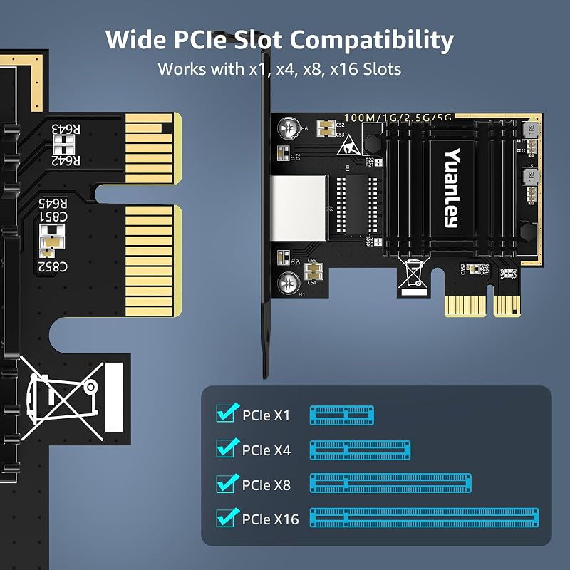 YuanLey 5Gb PCIe Hálózati Kártya RTL8126 Chippel, 5G/2.5G/1G Ethernet Adapter RJ45 Porttal, WOL Támogatás Windows/Linux PC-hez