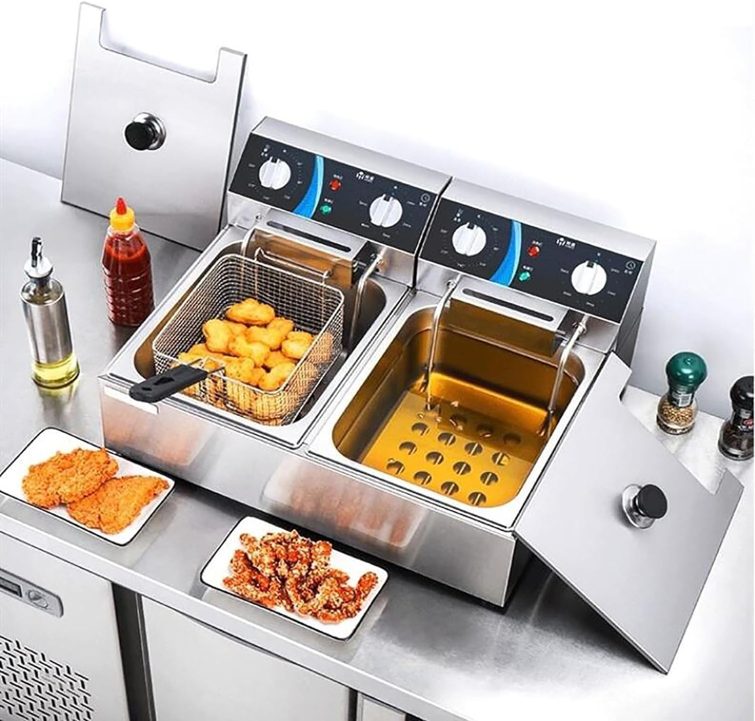 Friggitrice commerciale, friggitrice commerciale, friggitrice elettrica a doppia vasca con 2 cestelli e coperchi, friggitrice elettrica da banco in acciaio inox spesso per cucina domestica e ristora