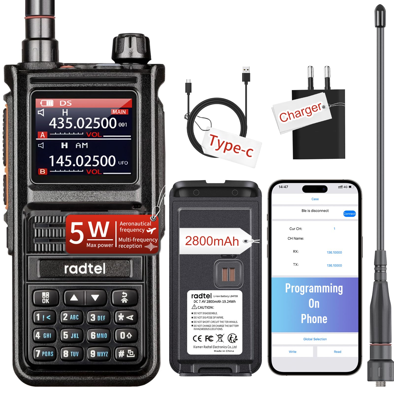 (2 Gen) Radtel RT-470X Plus Ham Radio (programmazione app mobile) 256CH Aviation Air Band Radio Tri-Band Long Range Handheld Walkie Talkie NOAA USB-C Ricaricabile AM FM
