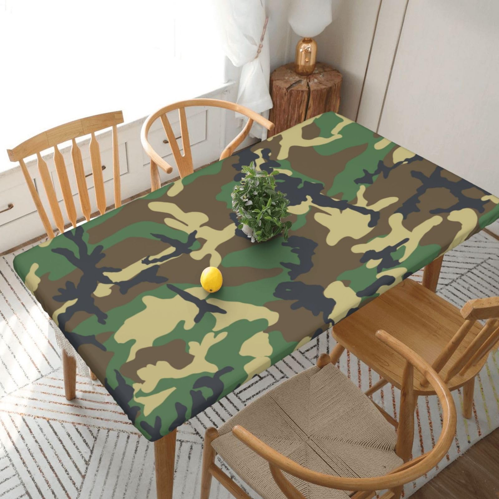 DCEHGEW Elastic Fitted Rectangle Tablecloth for 5ft Tables, Green Military Camouflage Printed Oilproof & Washable Fabric Picnic Table Cloth Table Covers