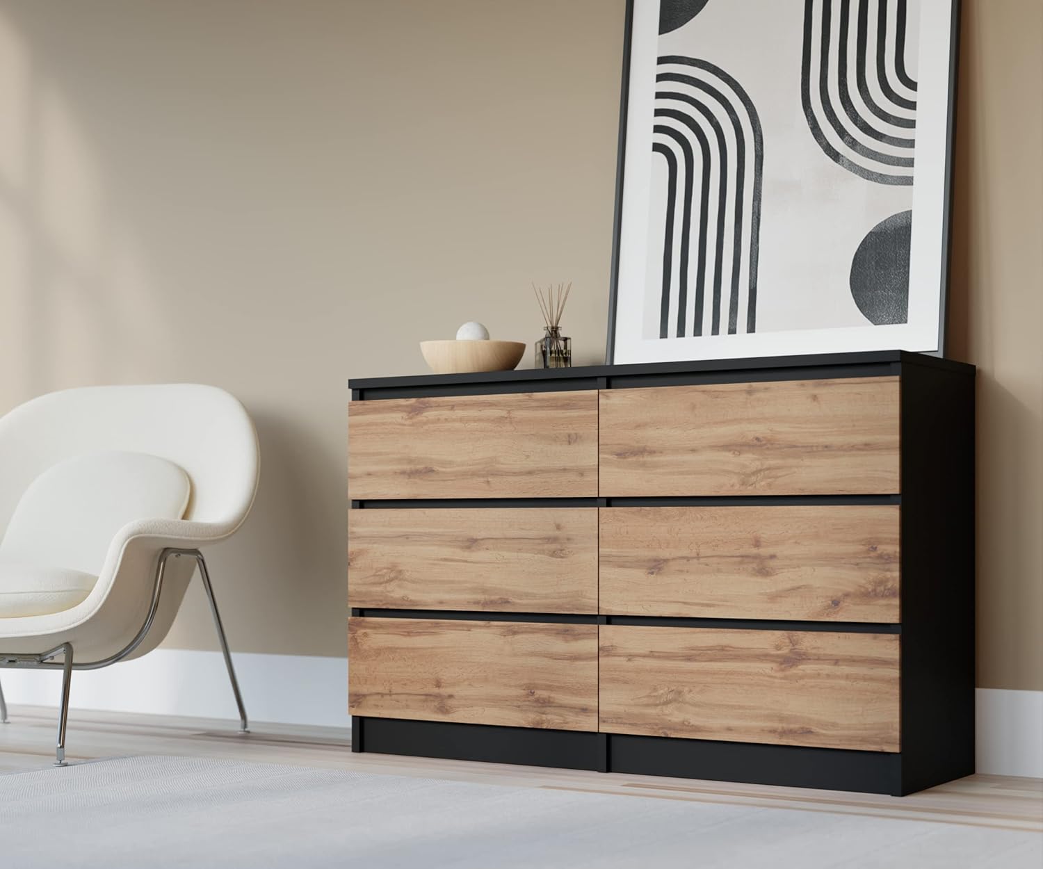 3xEliving Commode, Buffet avec 6 tiroirs Noir & chêne wotan, L 120cm H