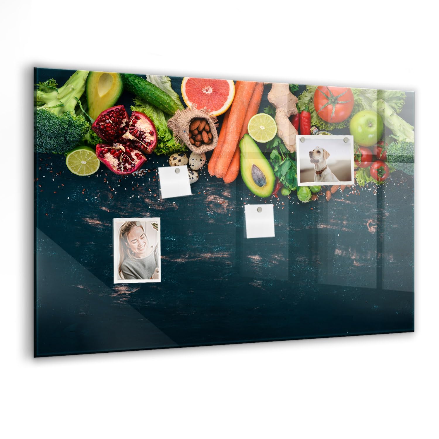 Magnetische Glas-Magnettafel mit Neodym-Magneten, Marker & Schwamm | Hochwertiges Sicherheitsglas | Kratzfest, abwischbar & modern | Ideal für Büro, Küche & Homeoffice- 90x60 - Gemüse auf dem Tisch